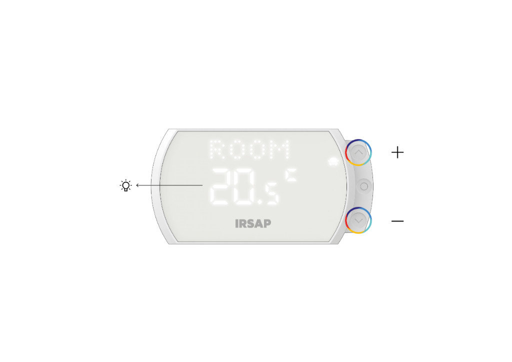 Una volta raggiunto l’ambiente interessato, lo Smart Thermostat visualizzerà la temperatura impostata e sarà possibile modificarla attraverso i tasti “^” e “˅”.
