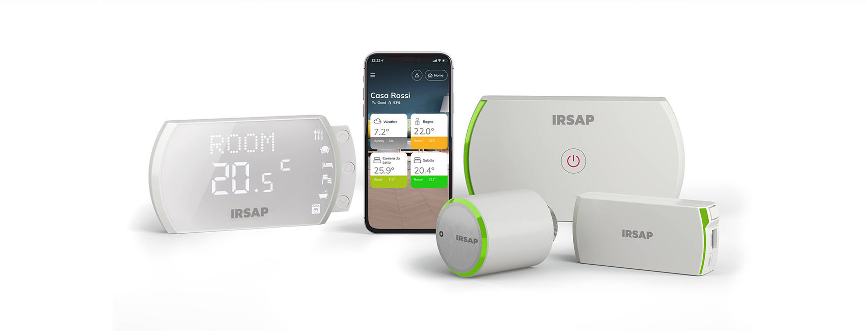 IRSAP NOW prodotti sistema dispositivi smartphone app termostato modulo caldaia valvola testa termostatica unità di connessione ripetitore wifi intelligente